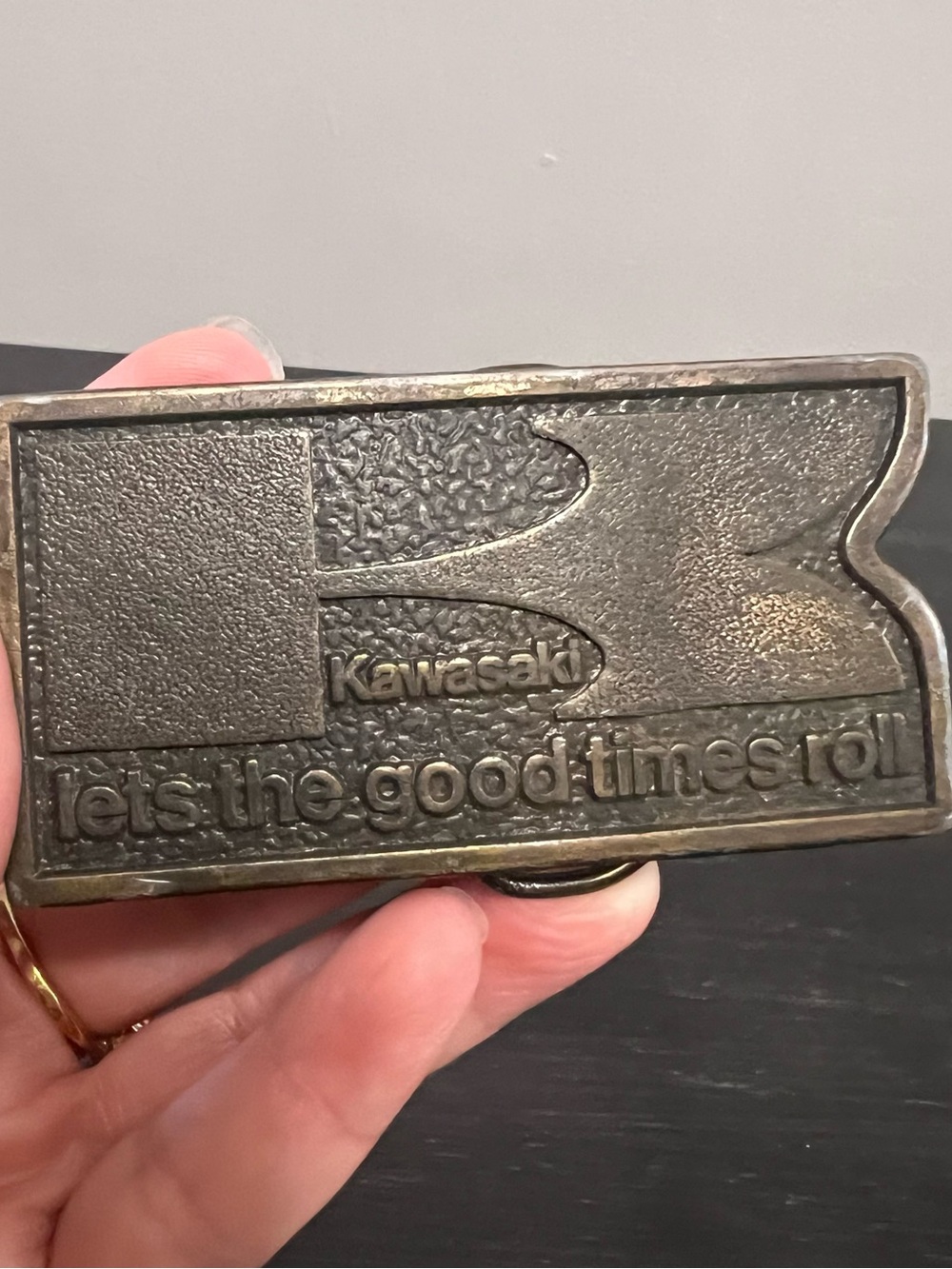 VTG 1977 Kawasaki Belt Buckle Bergamot Brass Works “Lets Good Times Roll” USA